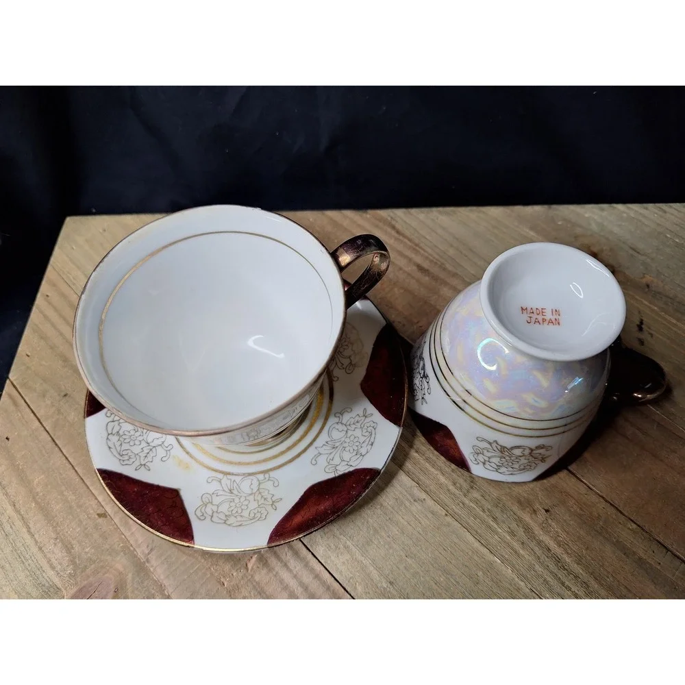Vintage 1940's Made in Japan Lusterware Teacup and Saucer Maroon Gold Iridescent